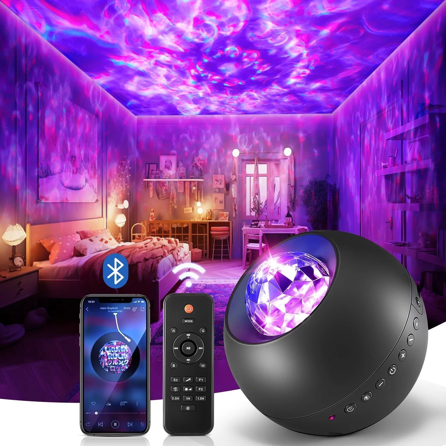 Cosmic Serenity Galaxy Projector – White Noise & Bluetooth Night Light for Bedroom, with Remote Timer & Soothing Star Display