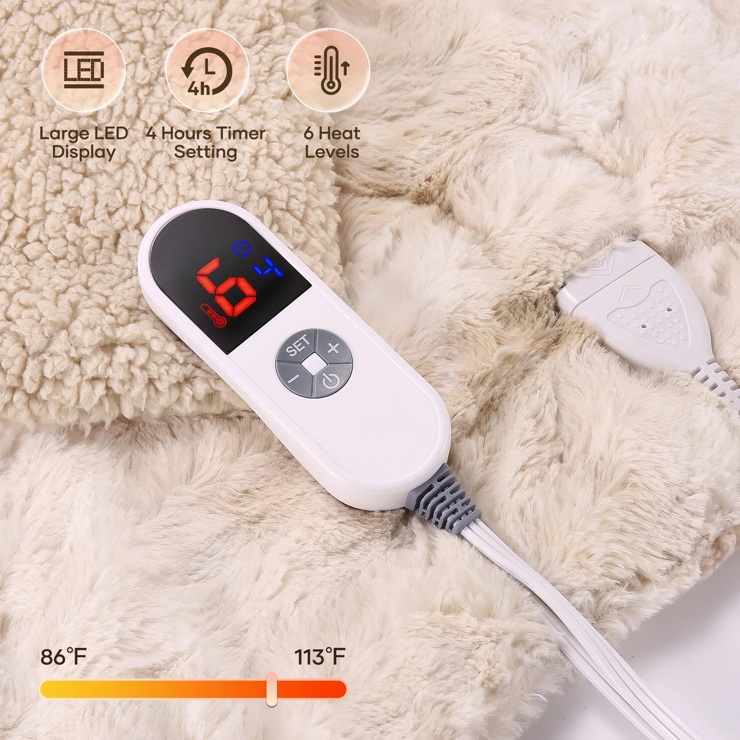 Electric Throw Blanket – Soft Faux Fur Heated Blanket with LED Display, 6 Heat Settings & 4-Hour Timer