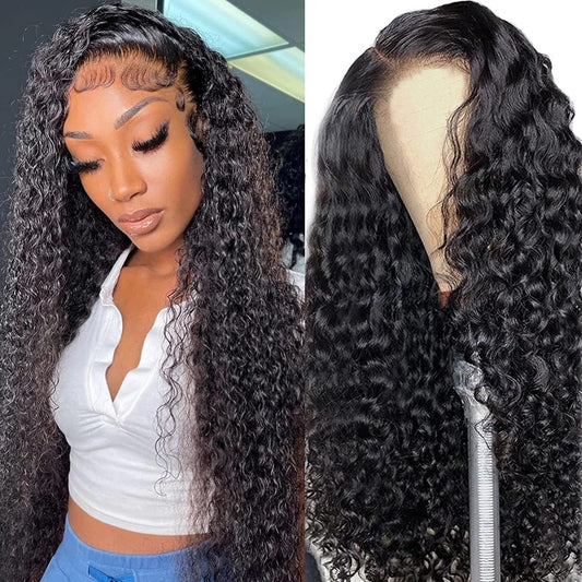 Wear and Go Glueless Wigs Human Hair Pre Plucked Pre Cut for Beginners Deep Wave Lace Front Wigs Human Hair 4X4 HD Lace Closure Deep Curly Wig Human Hair Wigs for Women 180% Density