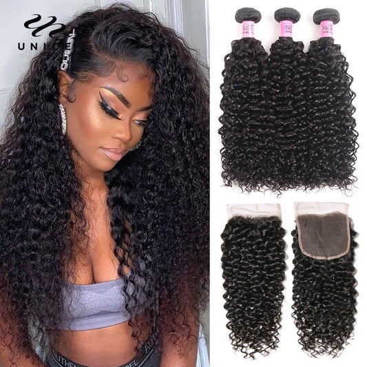 Hair Curly Weave Human Hair 3 Bundles with Closure 4PCS Brazilian Hair Weave Bundles with Lace Closure Curly Hair Products