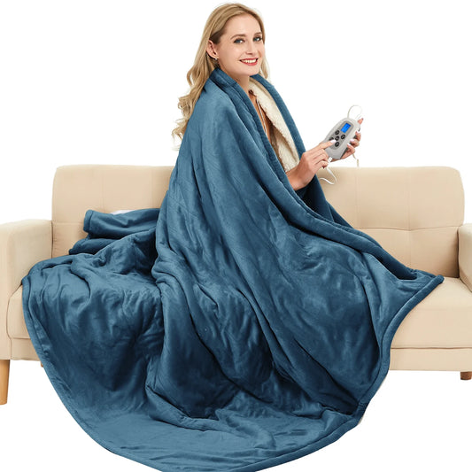 Navy Electric Heated Blanket – 10 Heat Settings, Dual Controllers, Auto-Off for Ultimate Comfort